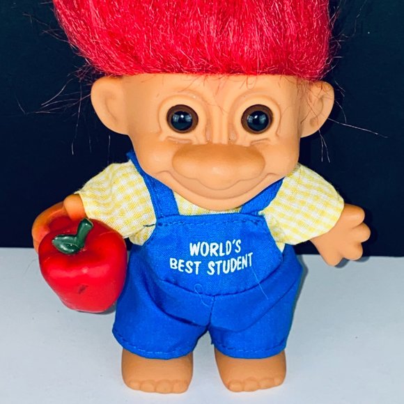 Russ Troll Doll Worlds Best Student Red Hair Apple Blue Overalls Toy Figure - Picture 2 of 4